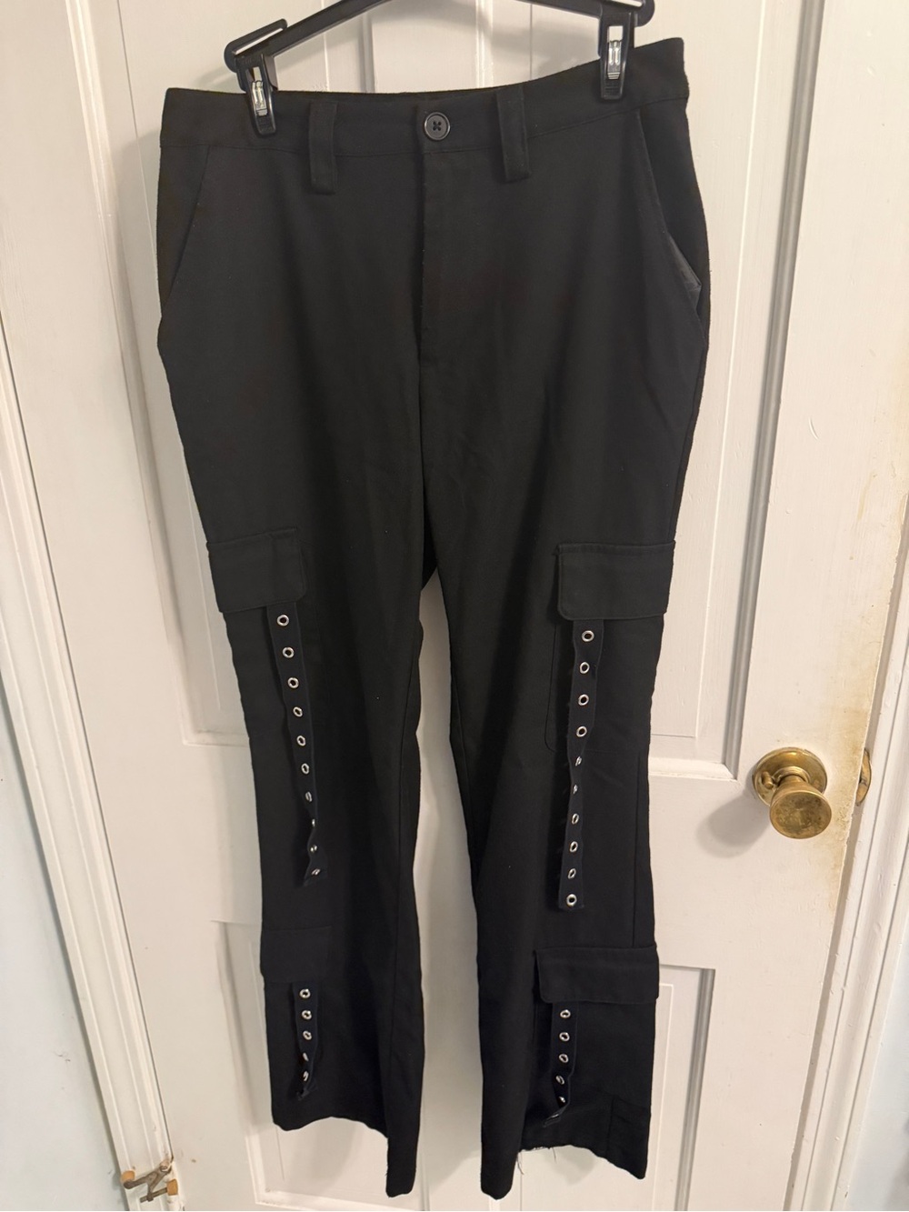 Hot Topic Black Flared Cargo Pants with Eyelet Strap Details